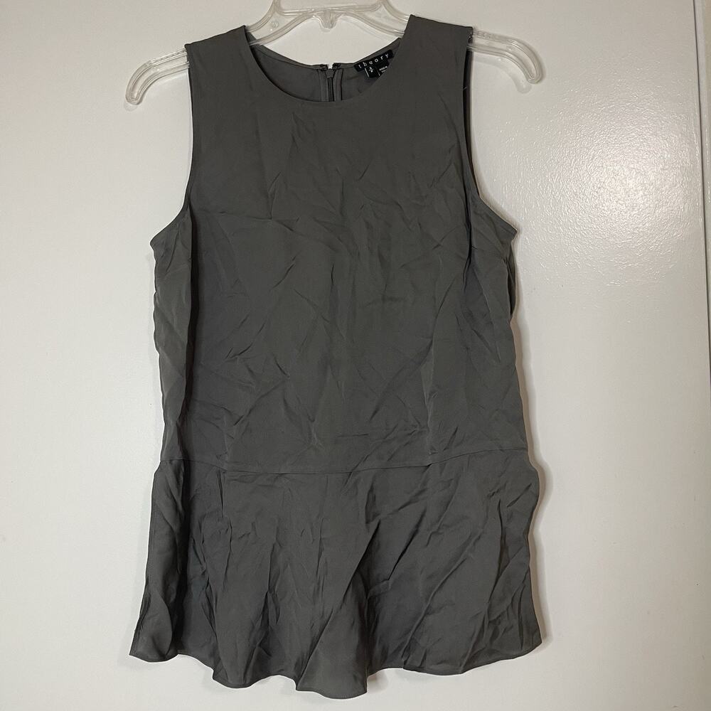 THEORY gray shell side slit silk tank blouse size Small